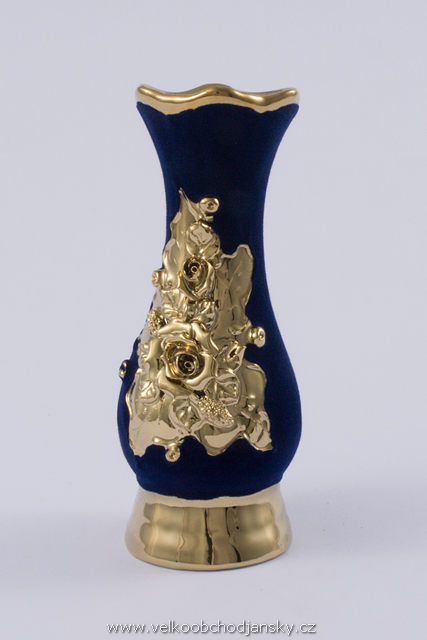 vázička 22 cm MODRÝ samet + ruční zlaté zdobení