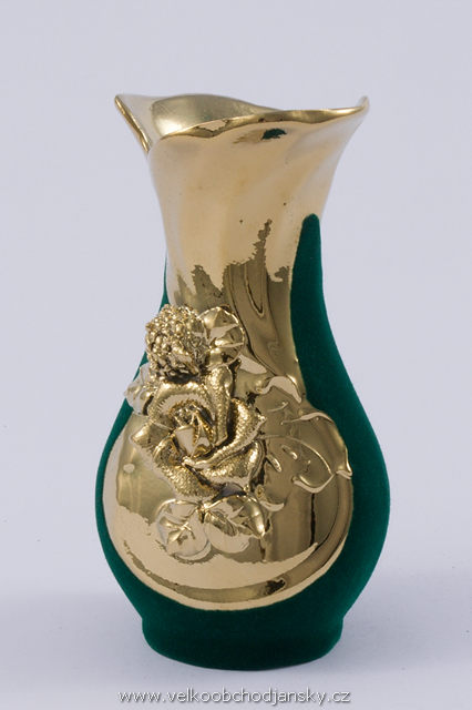 vázička 16 cm ZELENÝ samet + ruční zlaté zdobení