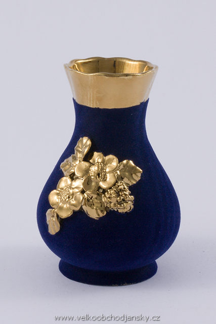 vázička 13 cm MODRÝ samet + ruční zlaté zdobení