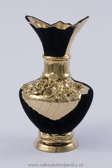 váza 23 cm ČERNÝ samet + ruční zlaté zdobení