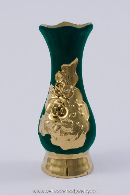 vázička 22 cm ZELENÝ samet + ruční zlaté zdobení