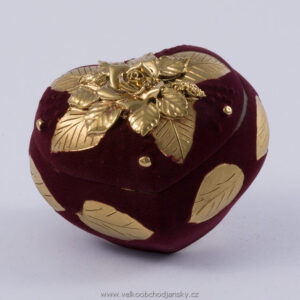 dóza srdce 14 x 12 x 11 cm BORDÓ samet + ruční zlaté zdobení