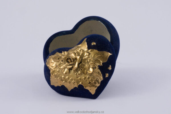 dóza srdce 14 x 10 x 11 cm MODRÝ samet + ruční zlaté zdobení