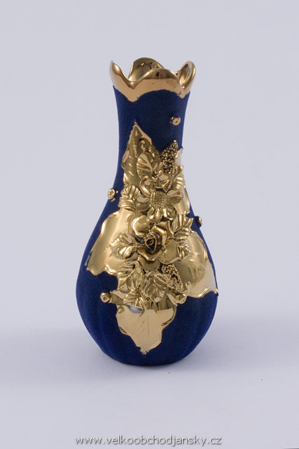 vázička 18 cm MODRÝ samet +ruční zlaté zdobení