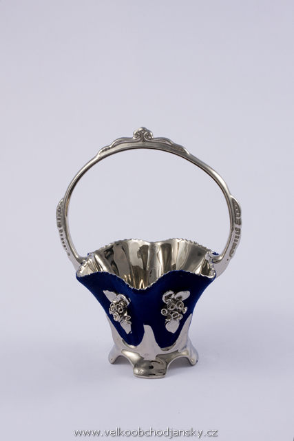 košík 16 x 26 cm MODRÝ samet + ruční stříbrné zdobení