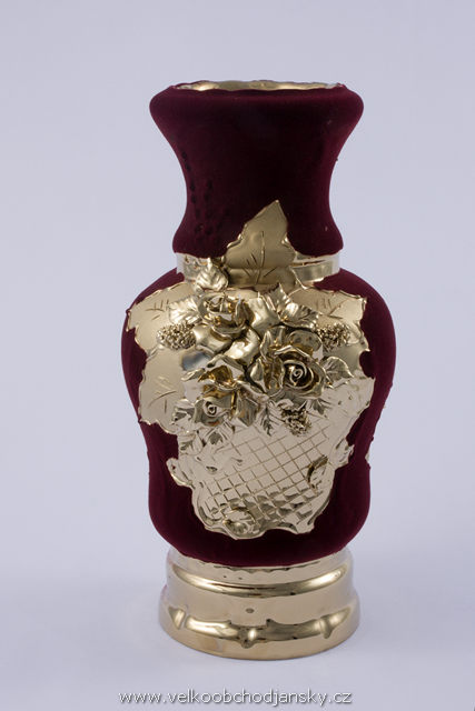 váza velká 33 cm BORDÓ samet + ruční zlaté zdobení