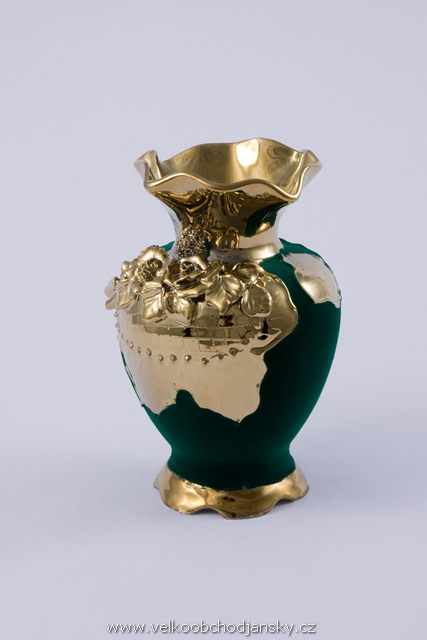 váza 20 cm baňatá ZELENÝ samet + ruční zlaté zdobení