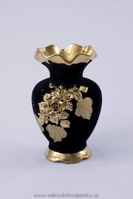 váza 20 cm baňatá ČERNÝ samet + ruční zlaté zdobení