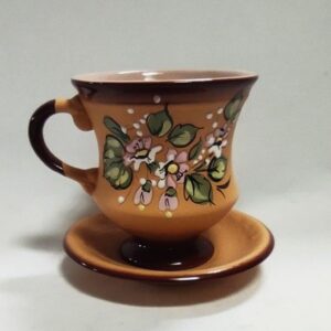 395.jpg samostatné šapo 300 ml PÍSKOVÉ , hnědý lem, email kvety