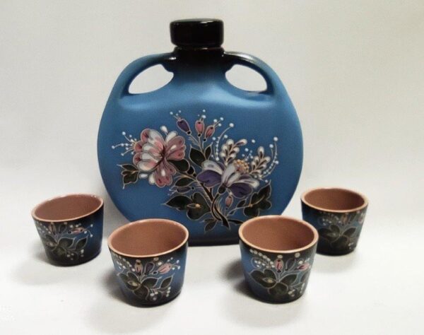 likérová sada  MODRÁ , 1100 ml + 4 x odlivka 100 ml , email květ